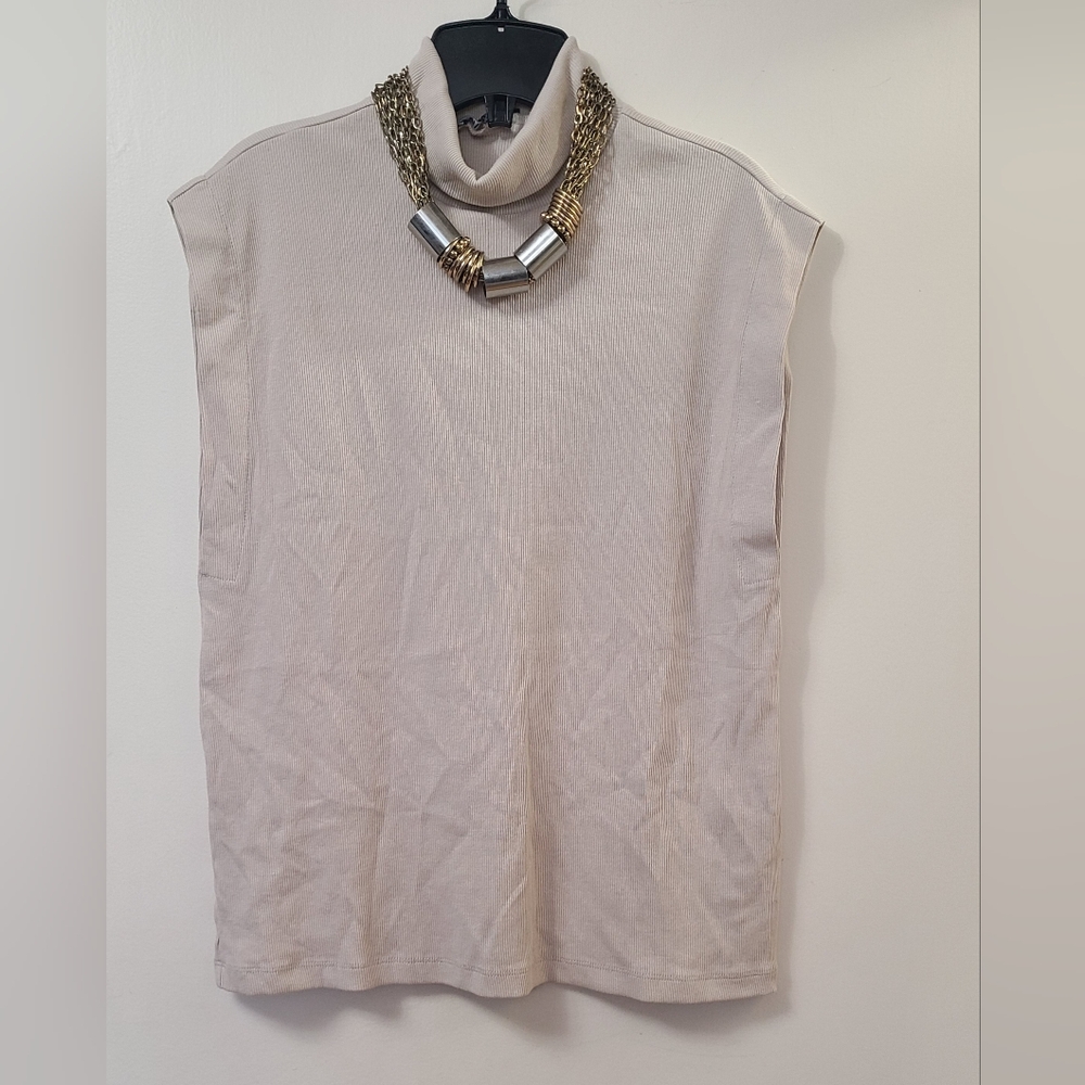 Beige Ribbed Cotton Turtleneck